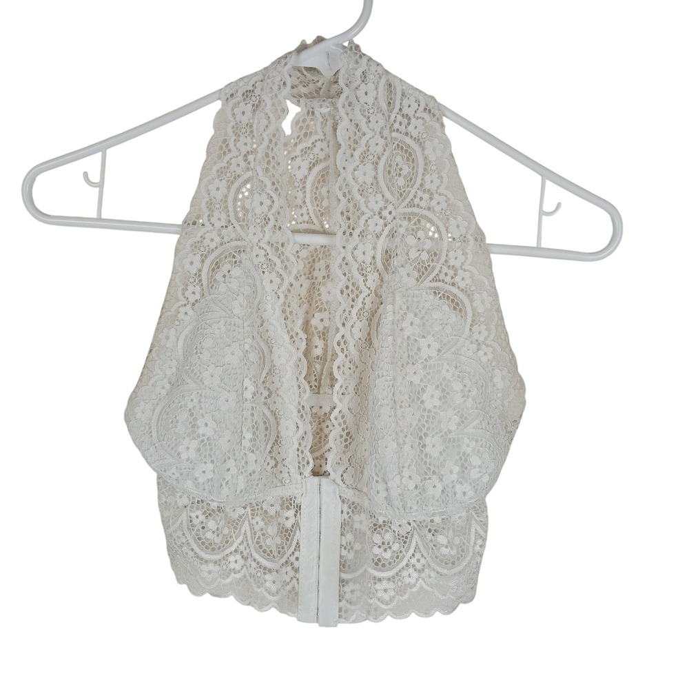 Floral Lace Halter Bralette White Ivory Hook Front Crop Top Racerback